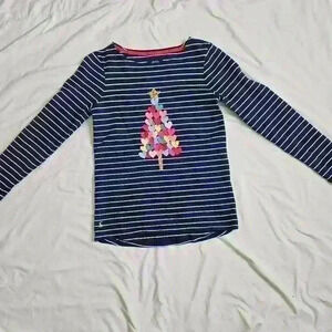 Joules Navy Blue & White Striped Shirt W/ Heart Christmas Tree
